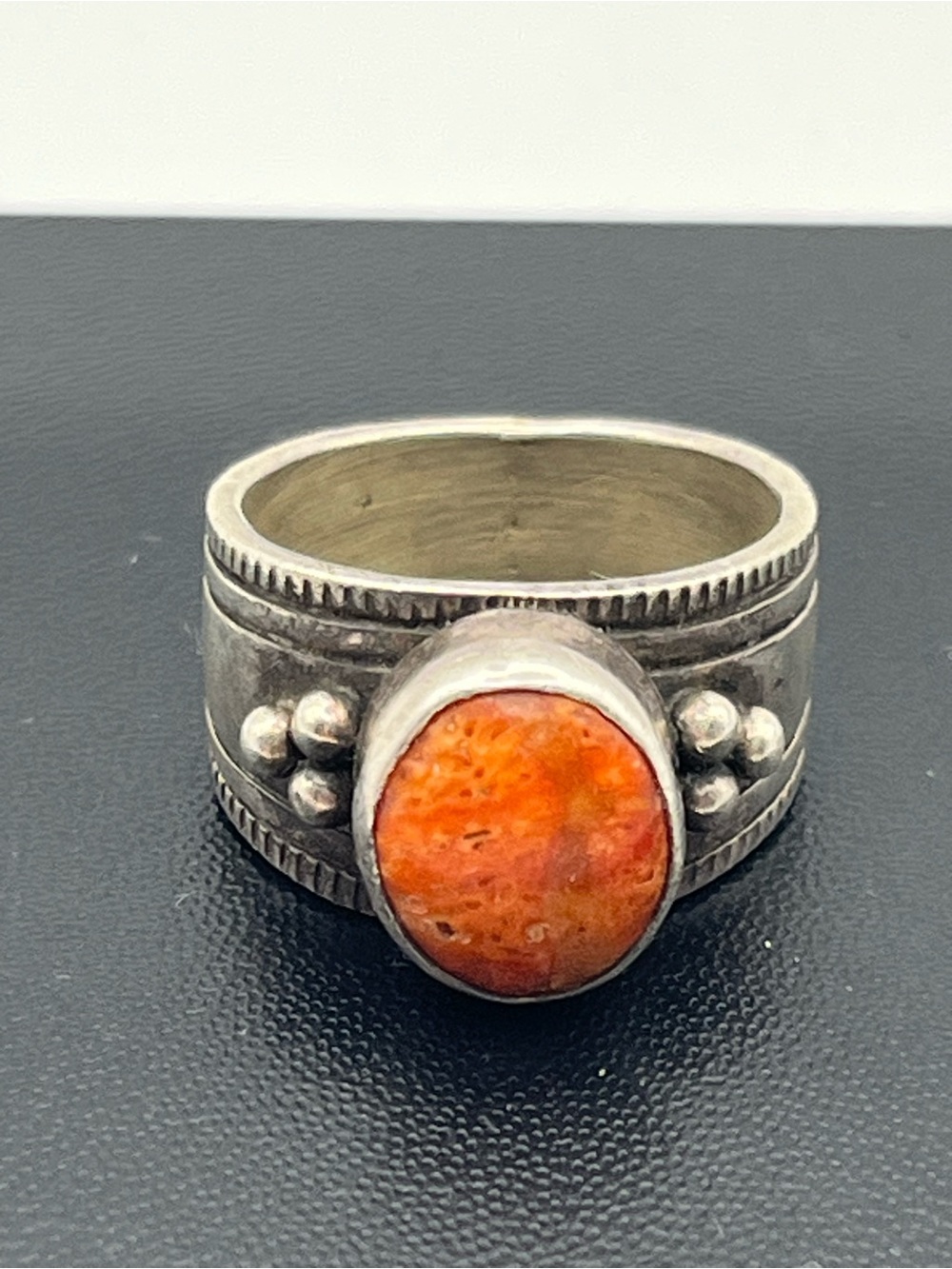 Native American Cortiz corn stalk sterling silver orange cabochon ring size 7.5 - Picture 9 of 15